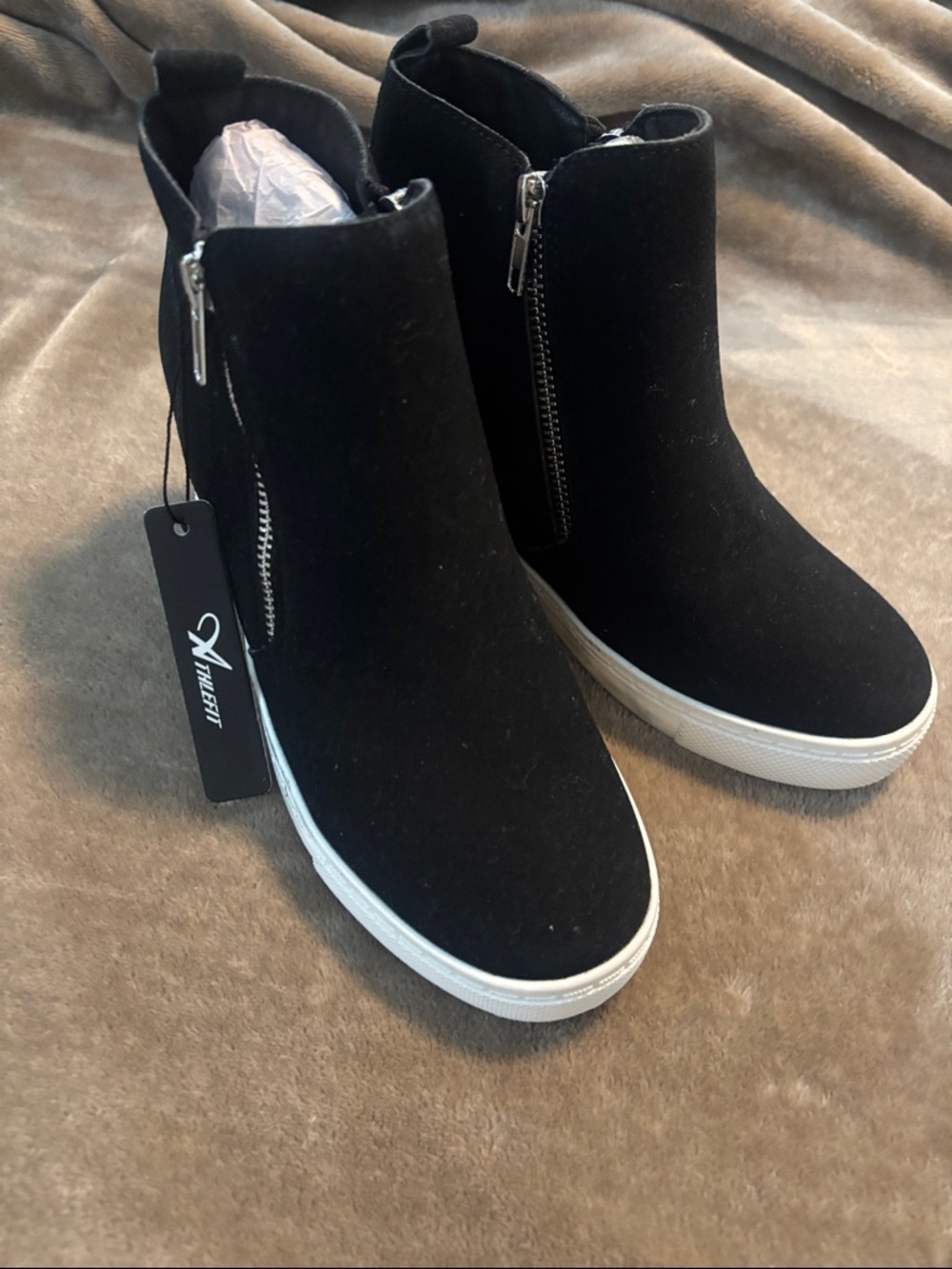 Black Suede Wedge Ankle Bootie with Side Zipper
